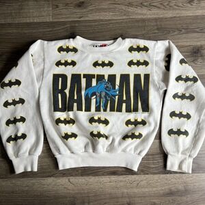 VTG Batman Sweatshirt Boys Medium AOP Logo 1980s DC‎ Comics Primo Tag Bat Logo